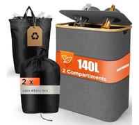 SOUTHGATE 140L Collecteur de Bouteilles Avec Couvercle, 2 Compartiments Poubelle Recyclage, 2 Réutilisables Sac Recyclage, Poubelle Tri Selectif Pour Plastique, Bouteilles Verre, Gris