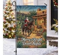 Southwest Desert Santa Holiday Citation de Noël Drapeau de jardin 30,5 x | Paysage du désert du sud-ouest, drapeau de pelouse, équitation, guirlande lumineuse, maison Adobe rustique, cactus