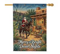Southwest Desert Santa Holiday Citation de Noël Maison Drapeau 71 x 101,6 | Paysage du désert du sud-ouest, drapeau de pelouse, équitation, guirlande lumineuse, maison Adobe rustique, cactus