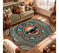 Southwestern Buffalo Tapis bohème 1,2 x 1,8 m | Motif sud-ouest, paysage buffle, géométrie bohème, teintes bleu sarcelle et rouille, accents de décoration de cabine