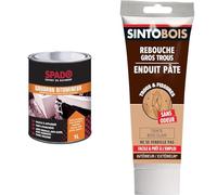 SPADO Goudron Bitumineux 1L & SINTO Rebouche Bois pour Gros Trous et Fissures Bois Clair - 330g - Idéal pour reboucher des fissures de portes intérieures ou de meubles - Excellente Adhérence