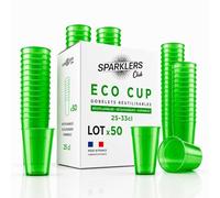 SPARKLERS CLUB - Lot de 50 Gobelets Reutilisables 25cl (33 ras-bord) - Polypropylene (PP) alimentaire rigide - Compatible lave-vaisselle - Fabriques en France - Couleur Vert