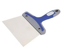 Spatule à enduire en acier inoxydable 140 mm, manche bimatière, idéale pour les éléments de construction et les finitions sur chantier.
