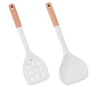 Spatule Cuisine en Silicone, Lot de Set, Manches Bois | Antiadhésif, Bords Arrondis, Résistante à Chaleur, à Suspendre et Ranger, Blanche