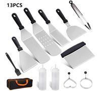 Spatule de Barbecue Ustensiles Set 13Pcs en Acier Inox pour Plaque de Cuisson Professionnelle Teppanyaki