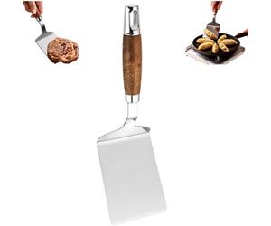 Spatule De Cuisine Inox Avec Manche En Bois Antidérapant, Large Palette Plate Pour Crêpes, Poêle, Grill Et Teppanyaki