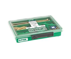 SPAX Coffret de 80 Vis YELLOX et 20 Chevilles, Tête Fraisée, Z2 | Kit de fixation multi-usages avec filetage complet pour montage intérieur, idéal pour bricolage sur bois et mur.