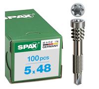SPAX Vis terrasse Alu, 5 x 48 mm, 100 pièces, Filetage de fixation, Tête cylindrique, T-STAR plus T25, Pointe de perçage, Acier inoxydable A2-0557000500483