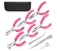SPEEDWOX Lot de 10 pinces à bijoux 7,6 cm avec pince coupante, bec rond, long, plat, épiler pochette rangement et pelle pour loisirs créatifs, Rose, S