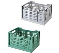 Spesh 2 Pcs Boîtes de Rangement Pliable Caisses Rangement en Plastique Empilables Cagettes Pliantes Pliable pour Cuisine, Salon, Chambre à Coucher (Vert foncé+Gris)
