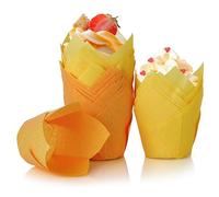 Spesh Lot de 100 Moules à Muffins en Papier Moules à Cupcakes Jetables Tasses de Papier de Cuisson de Tulipe pour Mariage,Fête,Anniversaire(Jaune + Orange)