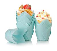 Spesh Lot de 100 Moules à Muffins en Papier Moules à Cupcakes Jetables Tasses de Papier de Cuisson de Tulipe pour Mariage,Fête,Anniversaire(Bleu)