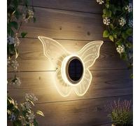 Spetebo Applique murale solaire LED papillon transparente - 25 cm - Applique murale décorative blanc chaud pour l'extérieur - Éclairage mural de jardin - Lampe d'ambiance - Lumière de jardin