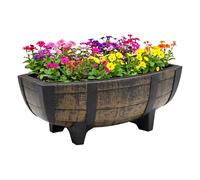 Spetebo Bac à plantes en plastique, aspect tonneau de chêne, marron, avec fond de drainage - 41 x 30 cm - Bac à fleurs demi-tonneau en bois avec protection contre l'eau stagnante - Décoration de