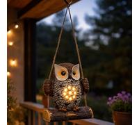 Spetebo Figurine de jardin solaire en forme de chouette sur balançoire à suspendre - 17 x 14 cm - Figurine de hibou blanc chaud - Étanche - Pour l'extérieur - Lampe décorative - Éclairage de jardin