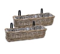 Spetebo Lot de 2 jardinières de balcon en rotin naturel - 60 x 20 cm - Panier à plantes en osier avec support - Jardinière pour balcon et jardin - Panier à fleurs à suspendre à la balustrade