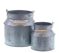 Spetebo Lot de 2 pots à lait décoratifs en zinc - 18/13 cm - Lot de 2 seaux à fleurs avec anse et poignée en bois - Pot pour plantes, herbes, fleurs, pots pour jardin, balcon et terrasse