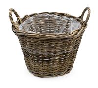 Spetebo Panier à plantes en rotin naturel avec film - 35 cm - Panier à fleurs rond avec poignées - Décoration de jardin - Panier à fleurs en osier rustique
