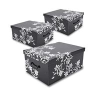 Spetebo - Set de 3 boîtes de rangement avec couvercle 51 x 37 cm - Noir avec motif floral - Boîte empilable en carton avec poignées 45 L - Organisateur de rangement polyvalent pour jouets, cadeau