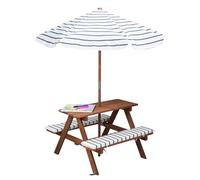 Table de pique-nique en bois à partir de 2 ans avec parasol et coussin d'assise - 75 x 75 cm - Salon de jardin pour enfants, durable, pour l'extérieur, résistant jusqu'à 80 kg