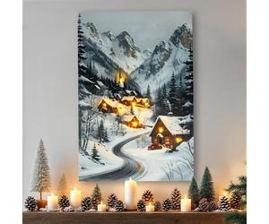 Spetebo Tableau de Noël mural avec éclairage LED alimenté par batterie - 58 x 38 cm - Tableau de village d'hiver sur toile éclairé en blanc chaud - Décoration murale de Noël, image d'avent, image