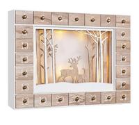 Spielwerk® Calendrier de l'Avent en Bois réutilisable 'Cerfs de Noël' 24 tiroirs à remplir LED Blanc Chaud Effet 3D Déco Noël intérieur
