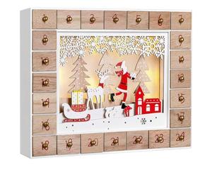 Spielwerk® Calendrier de l'Avent en Bois réutilisable 'Père Noël et Son traîneau' 24 tiroirs à remplir LED Blanc Chaud 3D Déco Noël intérieur