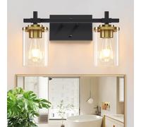 Spiglamm Miroir de salle de bain à 2 lumières noir et doré avec abat-jour carré en verre et base en métal, applique murale dorée pour chambre à coucher, escaliers, salon, couloir