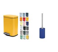 Spirella - Poubelle Akira Jaune + Brosse WC Bleu | Acier inoxydable, ensemble coordonné jaune, salle de bain, design moderne, entretien facile