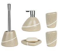 Spirella Set de 5 accessoires de salle de bain en céramique Etna Distributeur de savon WC Brosse à savon Porte-savon et gobelet à dents Beige pierre