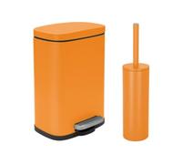 Spirella - Set Poubelle à Pédale + Brosse WC en Acier AKIRA - Fermeture Douce Easy-Close, Anti Trace de Doigts - 21,4 x 17,6 x 30 cm - 5L - Orange Mat