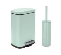 Spirella - Set Poubelle à Pédale + Brosse WC en Acier Akira - Fermeture Douce Easy-Close, Anti Trace de Doigts - 21,4 x 17,6 x 30 cm - 5L - Vert Glacé Mat