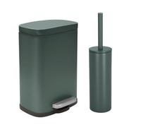 Spirella - Set Poubelle à Pédale + Brosse WC en Acier AKIRA - Fermeture Douce Easy-Close, Anti Trace de Doigts - 21,4 x 17,6 x 30 cm - 5L - Vert Foncé Mat