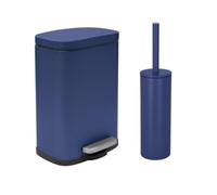 Spirella - Set Poubelle à Pédale + Brosse WC en Acier AKIRA - Fermeture Douce Easy-Close, Revêtement Anti Trace de Doigts - 21,4 x 17,6 x 30 cm - 5L - Bleu Mat