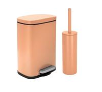 Spirella - Set Poubelle à Pédale + Brosse WC en Acier Akira - Fermeture Douce Easy-Close, Revêtement Anti Trace de Doigts - 21,4 x 17,6 x 30 cm - 5L - Pêche Mat