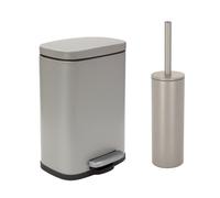 Spirella - Set Poubelle à Pédale + Brosse WC en Acier AKIRA - Fermeture Douce Easy-Close, Revêtement Anti Trace de Doigts - 21,4 x 17,6 x 30 cm - 5L - Taupe Mat