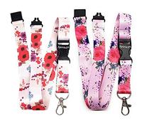Spirius Lot de 2 porte-clés et cordon tour de cou pour carte d'identité, badge, clés avec fermoirs en métal (coquelicots en blanc + fleurs rose)
