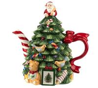 Spode Théière en forme de sapin de Noël - Théière de Noël festive de 765,4 g avec accents de gui, bec à rayures menthe poivrée et poignée en ruban - Théière décorative en dolomite pour les fêtes de