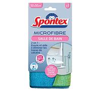 SPONTEX - Kit de 2 Lavettes Microfibre spécial Salle de Bain - 1 lavette bande micro-grattante élimine le calcaIre- 1 lavette capture la saleté - Idéal Salle de Bain