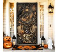 Spooky Magic Awaits Gothic Moth Citation Halloween Porte Couvre 91,4 x | Illustration de papillon gothique, toile de fond de porte d'entrée, bouteilles de potion mystiques, accents de corbeau
