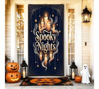 Spooky Nights Bougie fantôme citation bougies Halloween 91,4 x 183 cm | Motifs de bougies lumineuses, bannière de porte d'entrée, illustrations fantaisistes de fantômes, toile d'araignée complexe