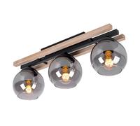 Spot de plafond lampe en bois 3 flammes plafonnier plafonnier lampe de chambre, verre fumé, métal MDF marron clair, 3x douille E27, LxH 60 x 20,5 cm