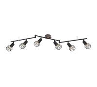 Spot de plafond vintage en bois à 6 lampes en métal noir, spots mobiles, aspect bois rétro marron, 6 douilles E14, HxLxP 24,5x116x10 cm