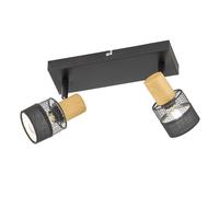 Spot, lampe de salon, plafonnier, 2 flammes, mobile, aspect bois, acier fer noir, 2x douilles E14, LxlxH 38,5x8x17 cm, WOFI 11650