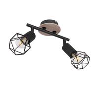 Spot plafond, plafonnier, noir, luminaire salon, barre spot bois, 2 flammes orientables, métal mat, 2x E14, LxlxH 22x10x18 cm