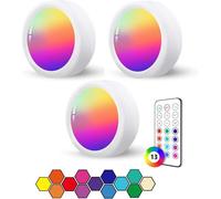 Spot RGB Led a Pile Sans Fil Autocollant,3 Pièces Dimmable Lampe Placard Led avec Telecommande Eclairage Etagere Couleur Petite Lumiere Vitrine Applique Murale a Pile Led Cuisine Sous Meuble Sans