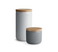 SPRINGLANE Conteneurs de stockage en céramique avec rayures de couvercle en bois, couvercles en bois d'hévéa, conteneurs de stockage (1x Gris Clair 1x Gris Foncé, 400 ml à 1 litre)