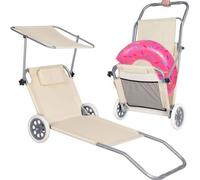 Chaise longue de plage Chaise longue de transport Chaise longue de jardin avec roues et toit solaire - Beige