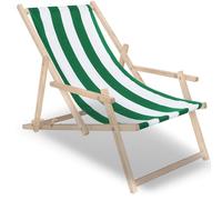 SPRINGOS Chaise Longue en Bois de hêtre Chaise Longue de Jardin avec accoudoirs Chaise Longue de Plage Rayures Blanc/vert