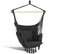 Springos® Fauteuil Suspendu Brésilien avec Coussins, Charge Max 150 kg, Fauteuil balançoire Boho en Coton/Polyester avec Cadre en Bois, Gris foncé, Poche latérale, Parfait pour Jardin
